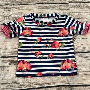 Ruffle Butts Striped Floral Short Sleeved Rashguard; Ruffle Sleeves 18-24